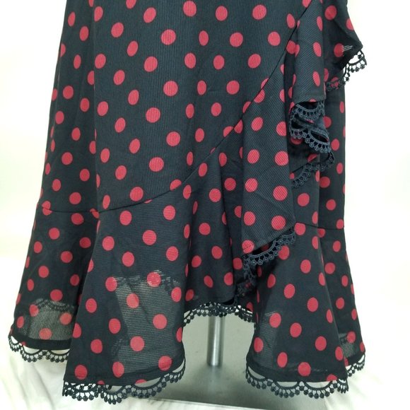 BB Dakota Dress 4 Navy Blue Red Polka Dot Lace V Pin Up Gothic Punk Alt Cosplay - Picture 4 of 9